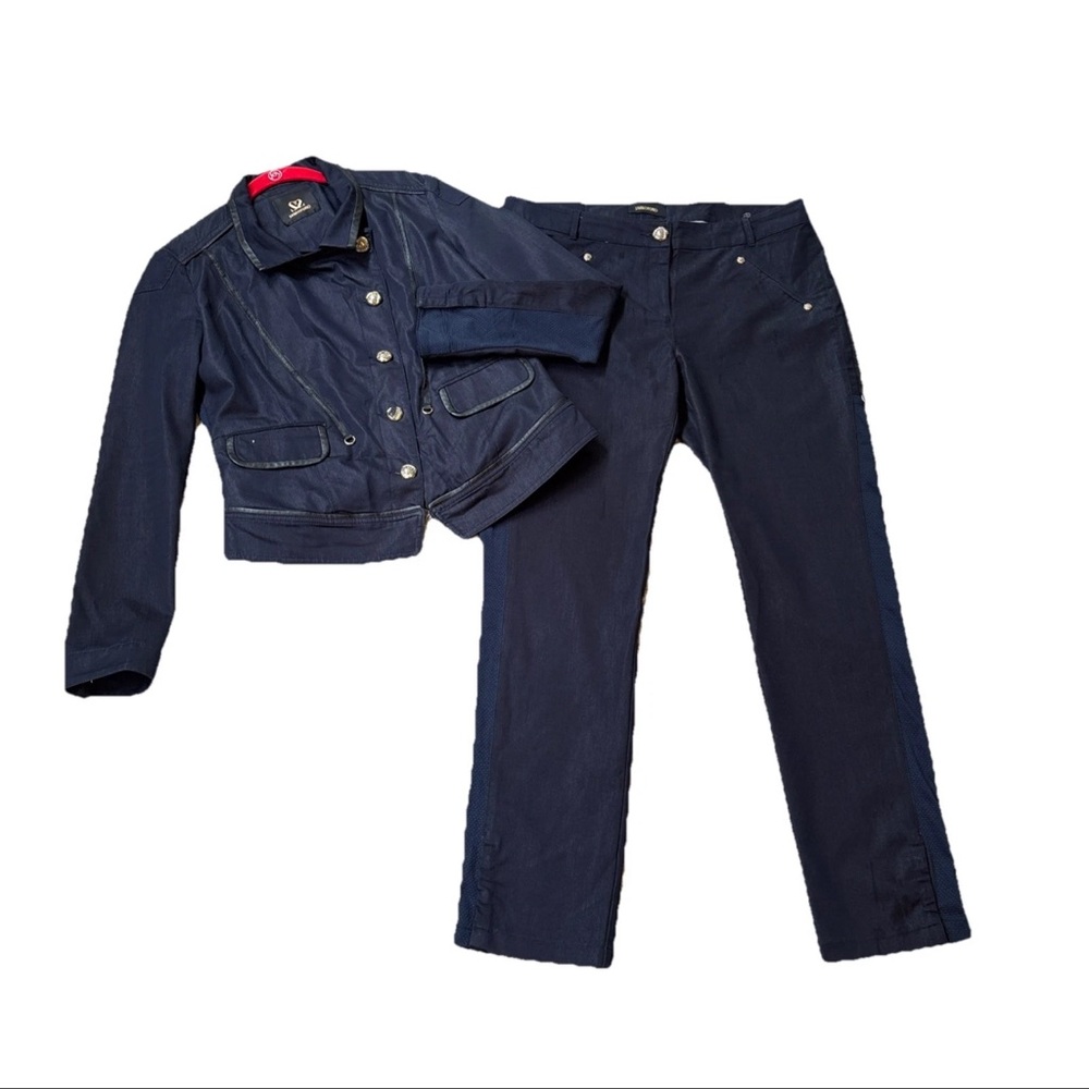 Sassofono Women’s Military style Blue Soft Denim Set W/Faux Leather Trim Size L